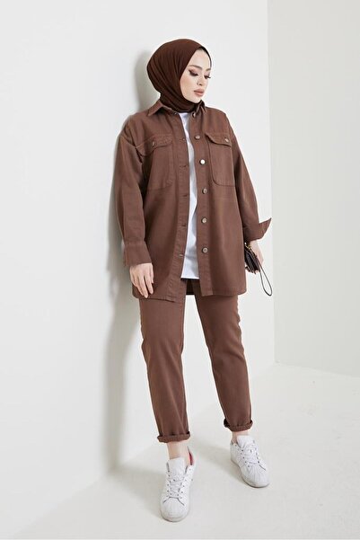 benguen 8175 Jacket Trousers Hijab Double Denim Set Brown