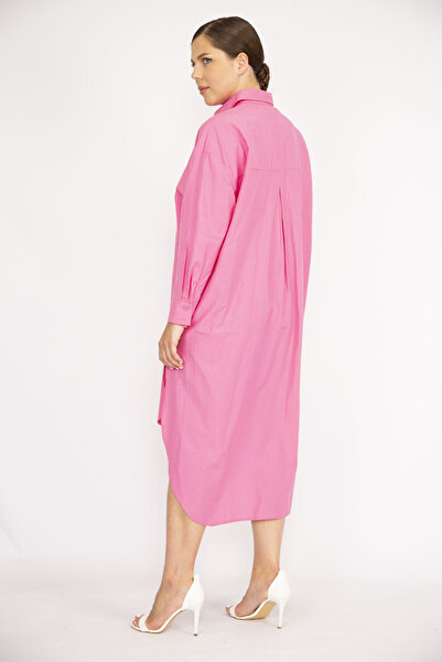Şans Women's Large Size Pink Poplin Fabric Front Buttoned Chest Pocket Long Back Tunic Dress 65N36788
