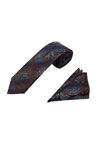 Brianze Brown Blue Shawl Pattern Tie Handkerchief Set