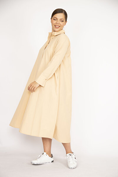 Şans Women's Large Size Beige Front Hidden Patch Buttoned Poplin Fabric Side Pocket Dress 65N36789
