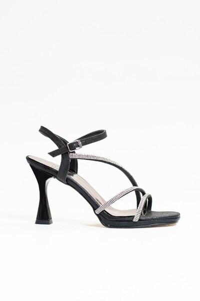 İmerShoes Black Rhinestone Cross Ankle Lace-Up Three-Band High-Heeled Women's Evening Dress Evening Shoes 6000