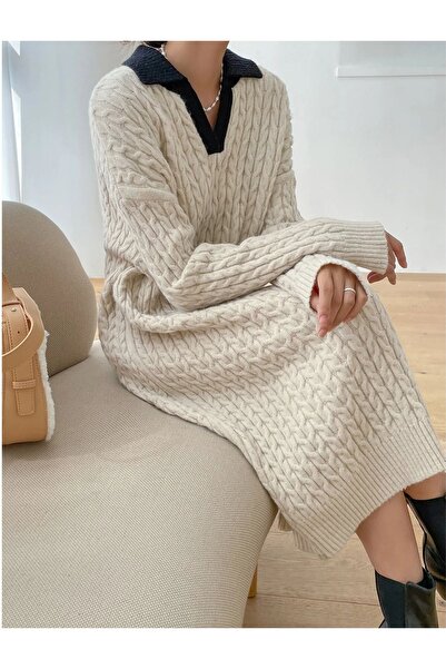 MAXXANA Kontrast Yaka Örgü Triko Elbise (YENİLENDİ - YAKA KALİTESİ ARTIRILDI)