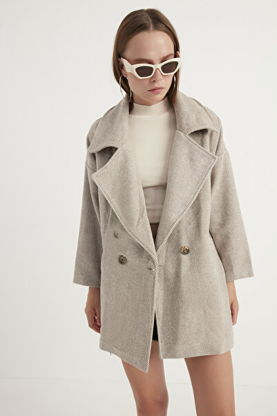 MEECY Women's Milky Brown Herringbone Oversize Short Coat