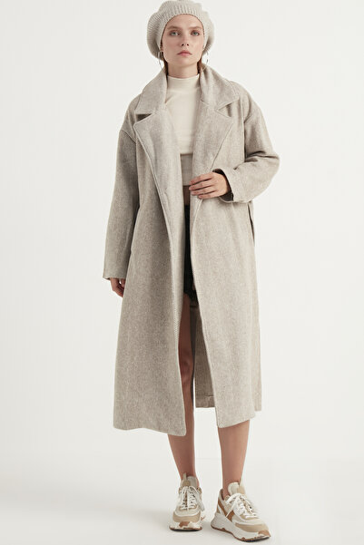 MEECY Dámský mléčně hnědý dlouhý kabát s páskem