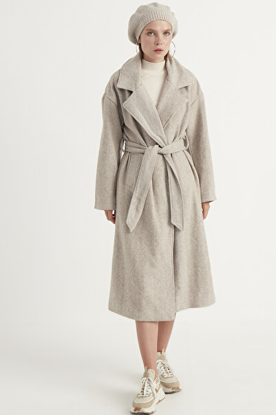 MEECY Dámský mléčně hnědý dlouhý kabát s páskem
