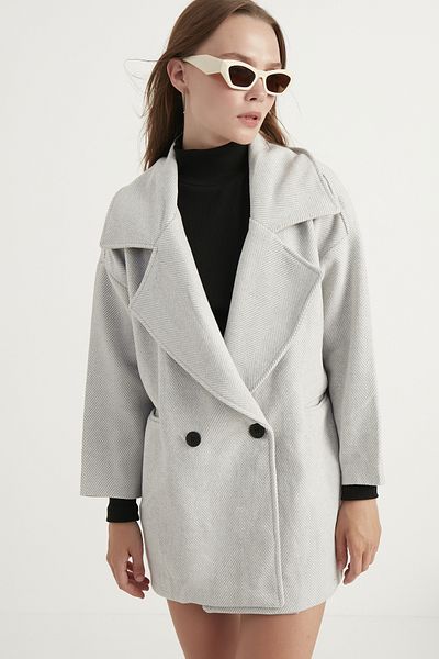MEECY Weißer, übergroßer Kurzmantel für Damen mit Fischgrätenmuster