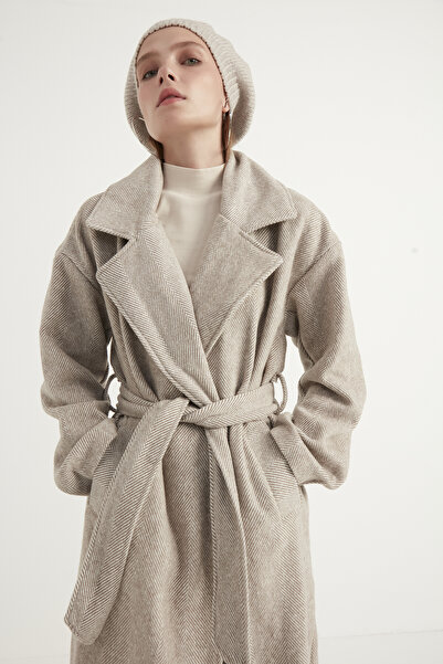 MEECY Dámský mléčně hnědý dlouhý kabát s páskem