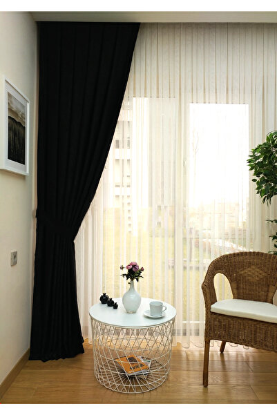 Evdepo Home Crown Black Solid Color Pleated Soft Background Curtain, 1/2 Sparse Pleat, Single Wing