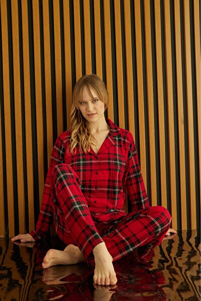 Pijamoni tissue Slimfit Ekose Düğmeli Süet Kadın Pijama Takımı