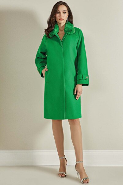 Guitar Kürklü Yeşil Dokuma Kaban