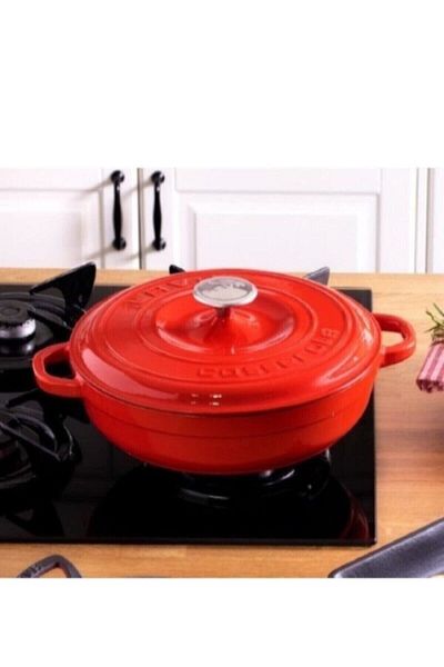 Lava Red Multi-Purpose Flat Cast Iron Pot Diameter 28