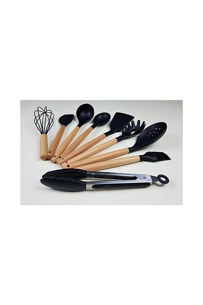 Senin Dükkanın 9 Piece Bamboo Handle Silicone Kitchen Set Black
