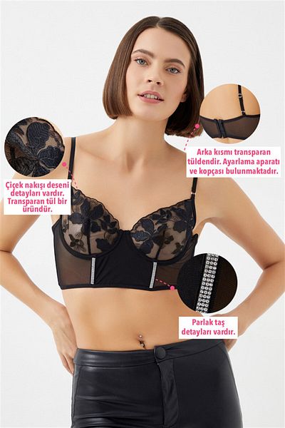 Cottonhill Bustieră de damă cu bretele de damă cu bretele ajustabile cu sârmă cu broderie florală neagră