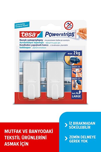 Tesa Powerstrips İz Bırakmadan Sökülebilir Yapışkanlı Askı, Büyük Dikdörtgen, Beyaz