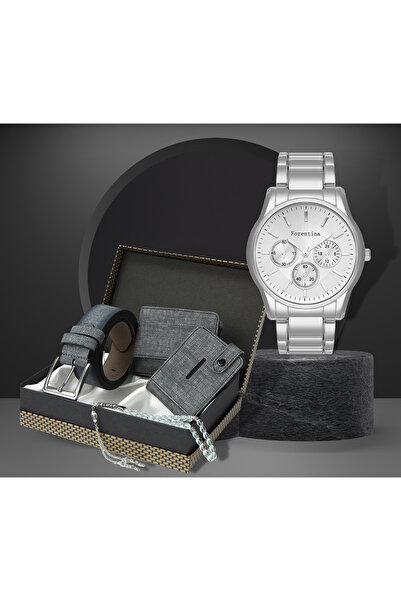 Forentina Erkek Gri Kemer Cüzdan Kartvizit Tespih Saat Hediye Seti PS3034