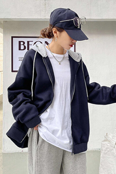 MODAGEN Unisex-Strickjacke in Marineblau und Grau mit Kapuze und Reißverschluss