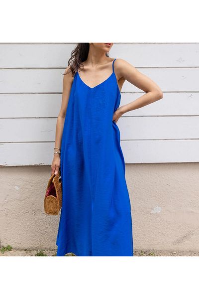 Laluvia Rochie casual albastra cu bretele reglabile