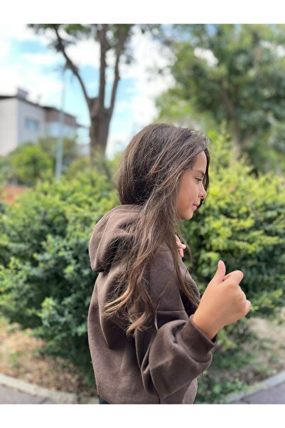 MORNİNG KİDS Кафяв суитшърт с качулка за момичета с щампи „Палави котки“.