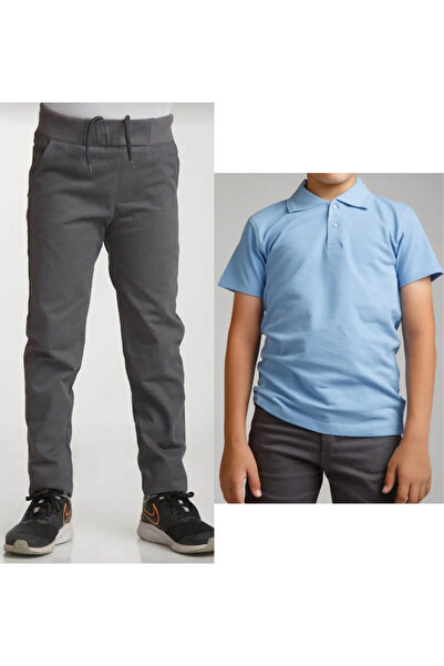 BLUEMOOR Unisex dečije rebraste pantalone sa strukom Lan sive školske pantalo...