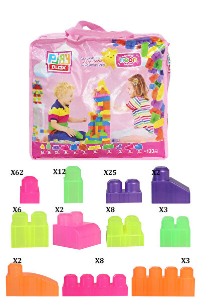 Toyaş Play Blox Building Toys 2991 Neon Colors Mega Block Set 133 Pieces with Pink Bag
