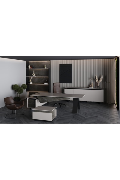 Çağın Ofis Mobilyaları BALANCE 260 CM SOL ETAJERLİ YÖNETİCİ SİYAH ÇALIŞMA OFİS MASA TAKIM (Irony/Kül Grisi)