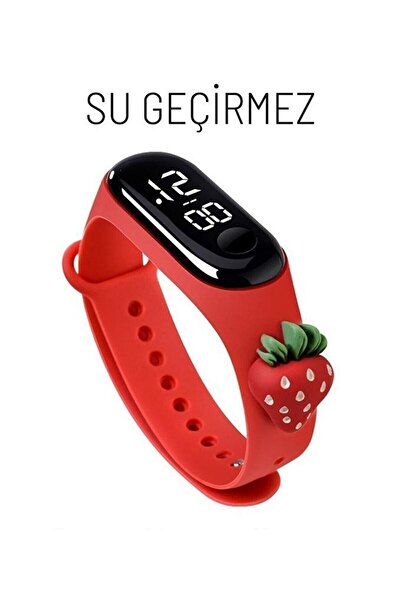 Genel Markalar Akıllı Saat, Çilek Figürlü Led Dokunmatik Ekranlı Su Geçirmez Kırmızı Dijital Çocuk Kol Saati