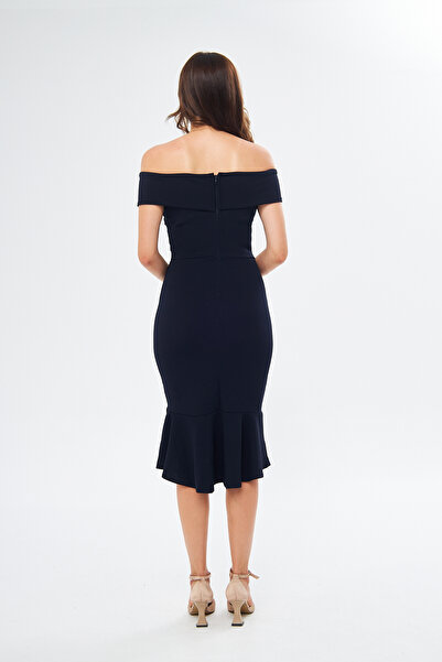 lovebox Krep Kumaş Çapraz Yaka Sırttan Fermuarlı Volanlı DAR KALIP Lacivert Abiye Elbise 2870