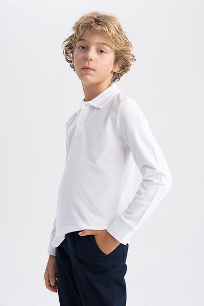 DeFacto Tricou polo școlar cu mânecă lungă din piqué alb pentru băieți L0288a623au