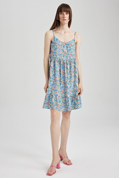 DeFacto V-neck Strap Floral Patterned Mini Dress U3372az23hs
