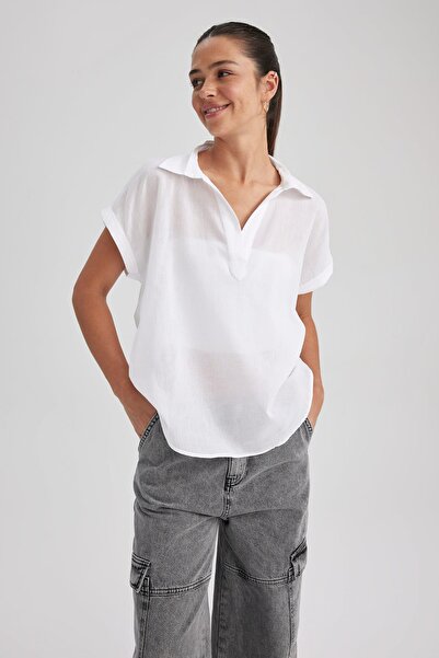DeFacto Regular Fit Shirt Collar Voile Short Sleeve Blouse X8896az23hs