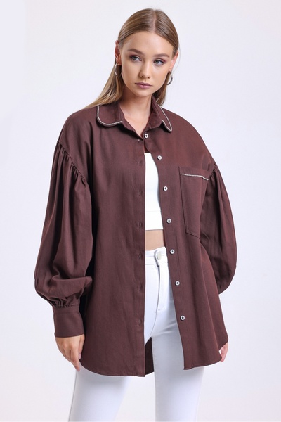 MD trend Women's Brown Balloon Sleeve Stone Detailed Oversize Gabardine Jacket Shirt