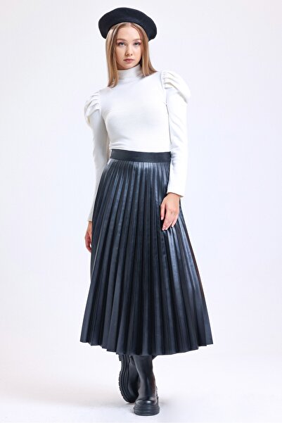 MD trend Women's Black Pleated Side Zipper Premium Leather Skirt