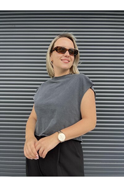 Dilvin Antrasit Kolsuz Baskılı T-Shirt