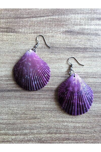 özde dekor Real Oyster / Sea Shell Earrings (PURPLE) Silver Color Detail