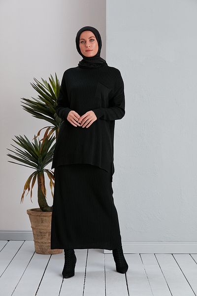 MODAMÜNASİP Single Pocket Skirt and Tunic Bottom Top Double Knitwear Set