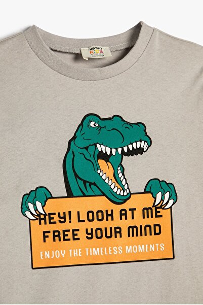 Koton Erkek Çocuk Dinozor Baskılı Uzun Kollu Bisiklet Yaka Renk Bloklu Pamuklu Tişört 4WKB1051