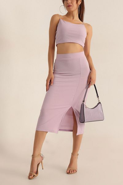 Kuzeyli Store Lilac Crop Blouse and Slit Skirt Set - Hanging