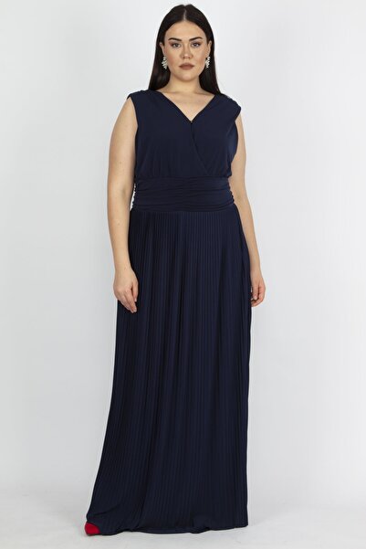 Şans Women's Large Size Navy Blue Waist Draped Skirt Part Pleated Wrap Collar Dress 65n14973