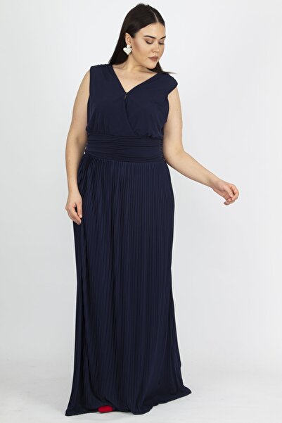 Şans Women's Large Size Navy Blue Waist Draped Skirt Part Pleated Wrap Collar Dress 65n14973