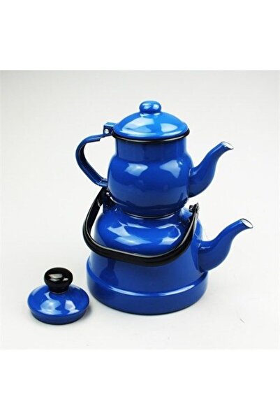 Ebru Metal Emaye Nostaljik Küçük Boy Çaydanlık Takımı Mavi Renk