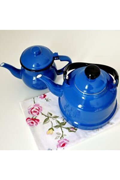 Ebru Metal Emaye Nostaljik Küçük Boy Çaydanlık Takımı Mavi Renk