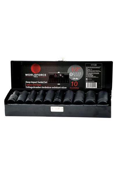 WORLDFORCE TOLLS Worldforce 1/2" Long Impact Socket Set with Metal Box 10-24mm 10 Piece Set