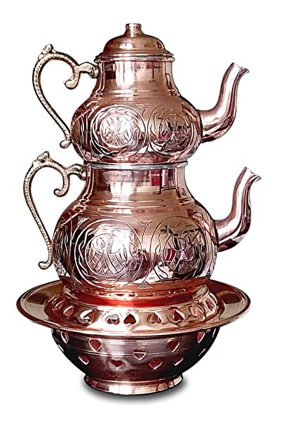 Binbir Trend Gaziantep El Yapımı Oyma Işlemeli Ocaklı Bakır Çaydanlık Takımı