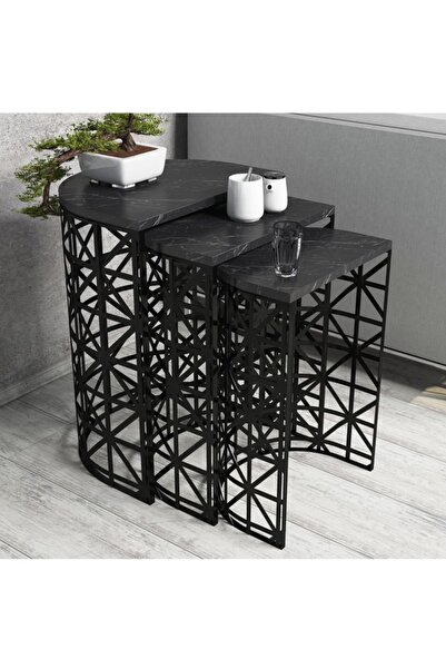 Variant Mobilya Stil Metal Ferforje 3lü Zigon Sehpa - Mermer Siyah