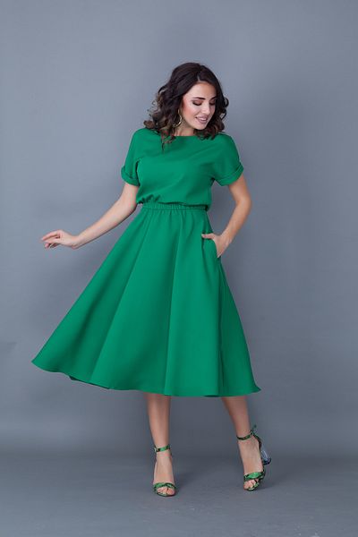 Bidoluelbise Rochie de damă, verde iarbă, cu talie elastică, cu buzunare, cu mânecă liliac, lungime midi