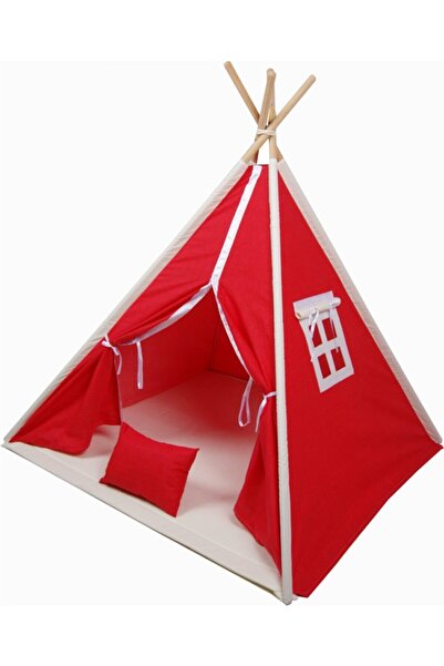 miniks Kırmızı Pamuklu Ahşap Çocuk Oyun Çadırı Evi