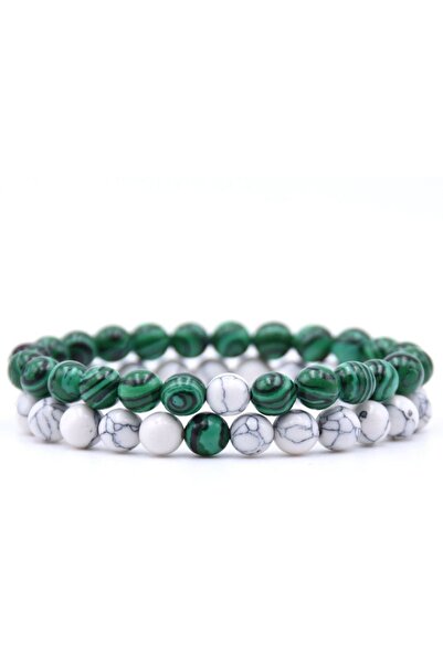 Kusakli مجموعة أساور من الحجر الطبيعي للرجال باللون الأخضر والهافيت الأبيض