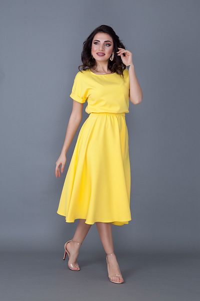 Bidoluelbise Women's Yellow Elastic Waist Pocket Bat Sleeve Midi Dress