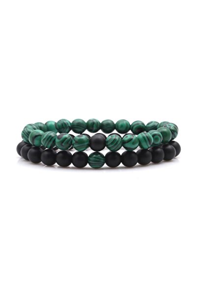 Kusakli مجموعة أساور من الحجر الطبيعي المزدوج من ماركة Malahit Matte Onyx