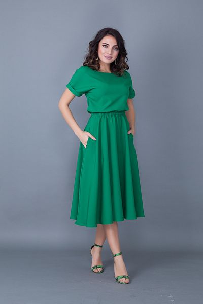 Bidoluelbise Rochie de damă, verde iarbă, cu talie elastică, cu buzunare, cu mânecă liliac, lungime midi